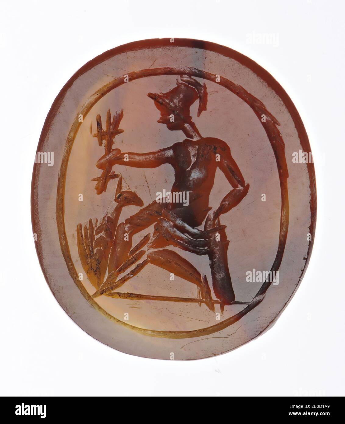 VZ: Figura helmeted seduta a sinistra, nel fulmine destro, piedi in piedi aquila, gemma, intaglio, carneliano, colore: Arancio-marrone chiazzato, Forma: Ovale, in piedi, Lavorazione:, Metodo:, 18 x 15,5 mm, D. 3 mm, peso. 1,4 gr., 17th sec. 1600-1700 Foto Stock