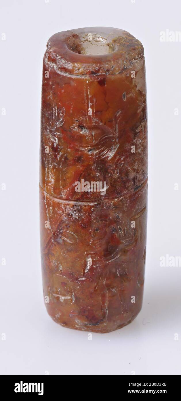 VZ: 2 registri con capricorno, personaggio, animale alato e vari simboli, sigillo a spirale, pietra, colore: Rosso, Forma: Cilindro, Lavorazione:, Metodo: L. 30 mm, diam. 10 mm Foto Stock