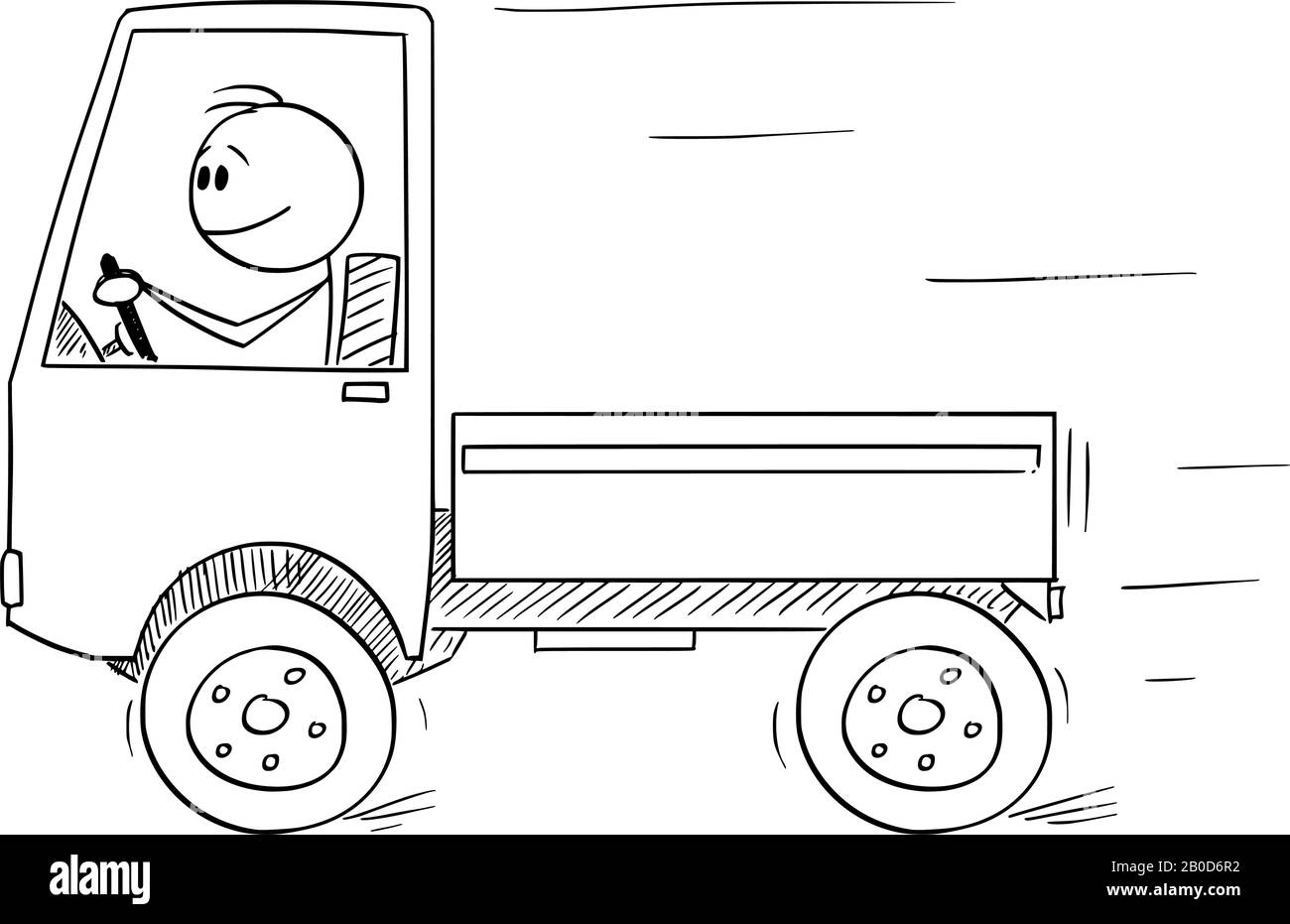 Figura del fumetto vettoriale che disegna l'illustrazione concettuale di uomo sorridente o conducente che guida un piccolo camion scaricato. Concetto di business nel settore dei trasporti o della logistica. Illustrazione Vettoriale