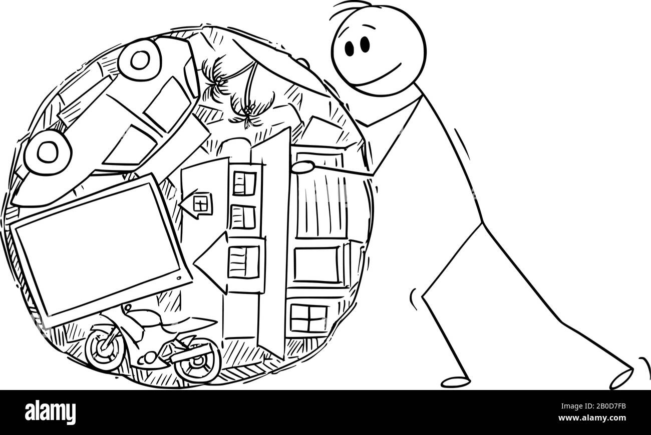 Figura del bastone del cartone animato del vettore che disegna l'illustrazione concettuale dell'uomo o del businessman che rotola la sfera della sua ricchezza o proprietà come il coleottero del sterco. Illustrazione Vettoriale
