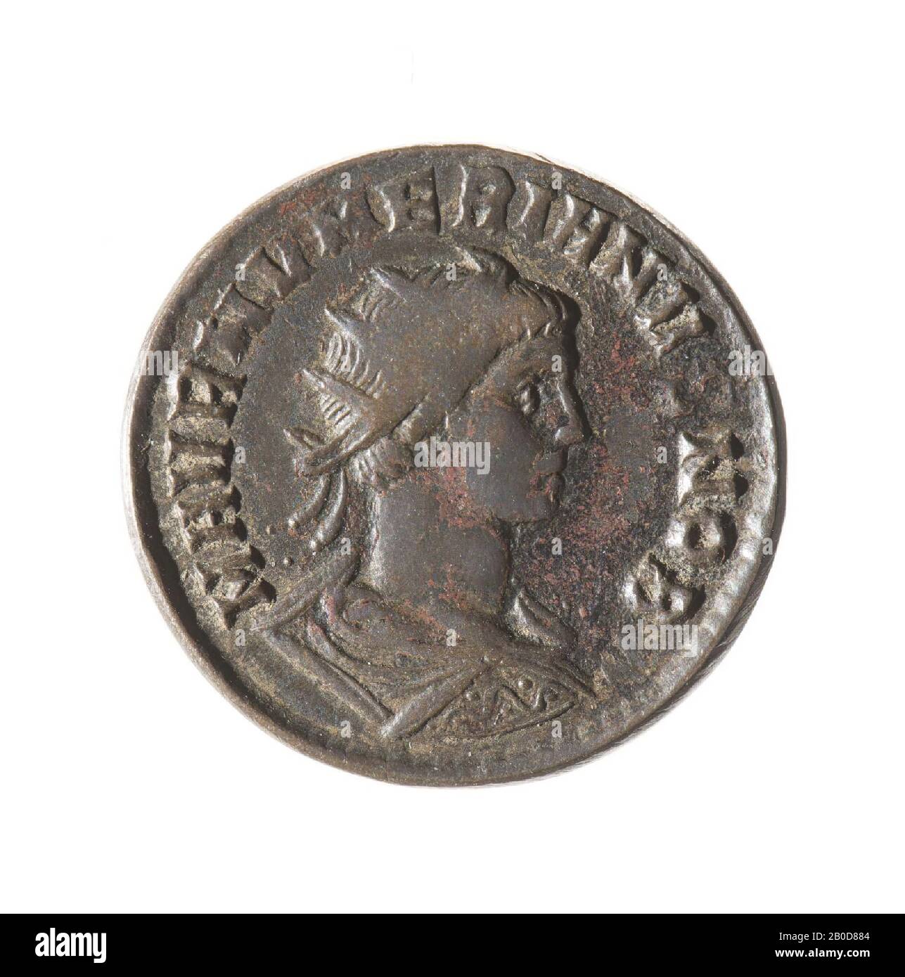 Obverse: Numeriano, giusto, con alone, vestito. Iscrizione: M AVR NVMERIANVS NOB C. Reverse: Numeriano, in piedi, a sinistra, in abbigliamento militare, personale a destra, lancia a sinistra. Iscrizione: Principi IVVENTVT., moneta, antoniniano di Numeriano sotto Carus, metallo, bronzo, diam: 2 cm, peso 3,56 grammi, 282-283 d.C., sconosciuto Foto Stock
