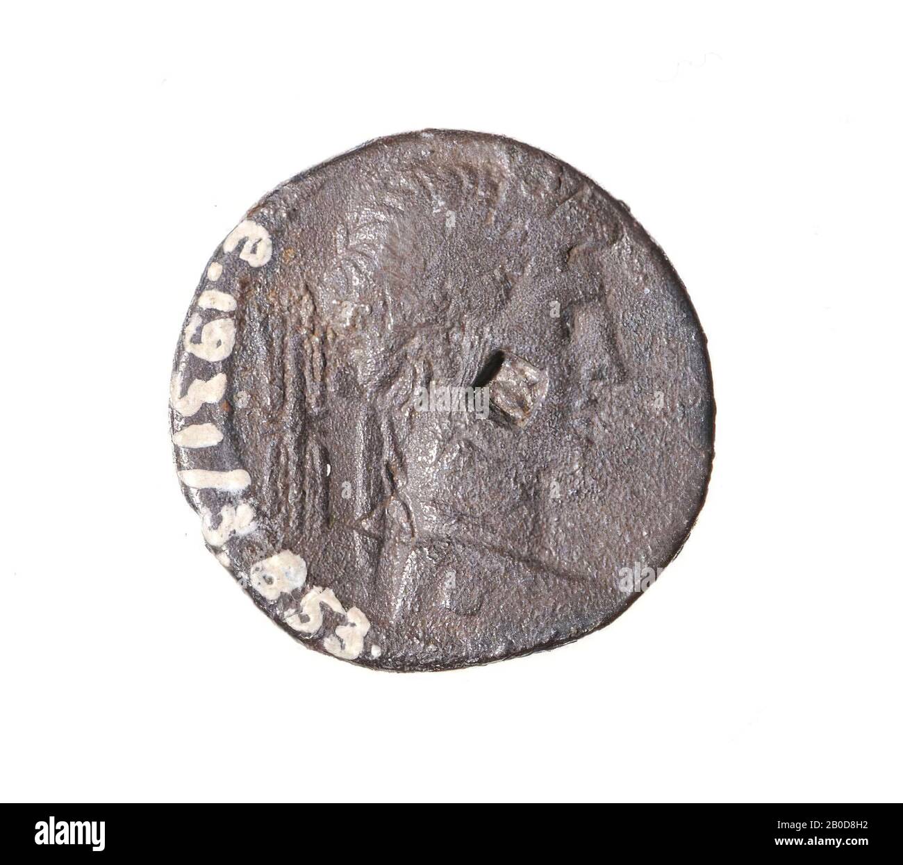 VZ: Testa n.r. (Come Terminus) con un fulmine alle spalle, Kz: Octavianus in abito su cudes curulis, a destra Victoria tra IMP - CESARE, valuta, denarius, agosto, metallo, argento, Diam. 18 mm, peso 3,40 gr, Romano BC 29-27, Paesi Bassi, Gelderland, Berg en dal, Ubbergen Foto Stock