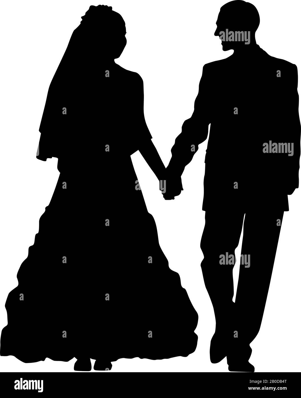 Sagoma vettoriale di una sposa e uno sposo che tiene le mani. La coppia di nozze sta guardando l'un l'altro Illustrazione Vettoriale