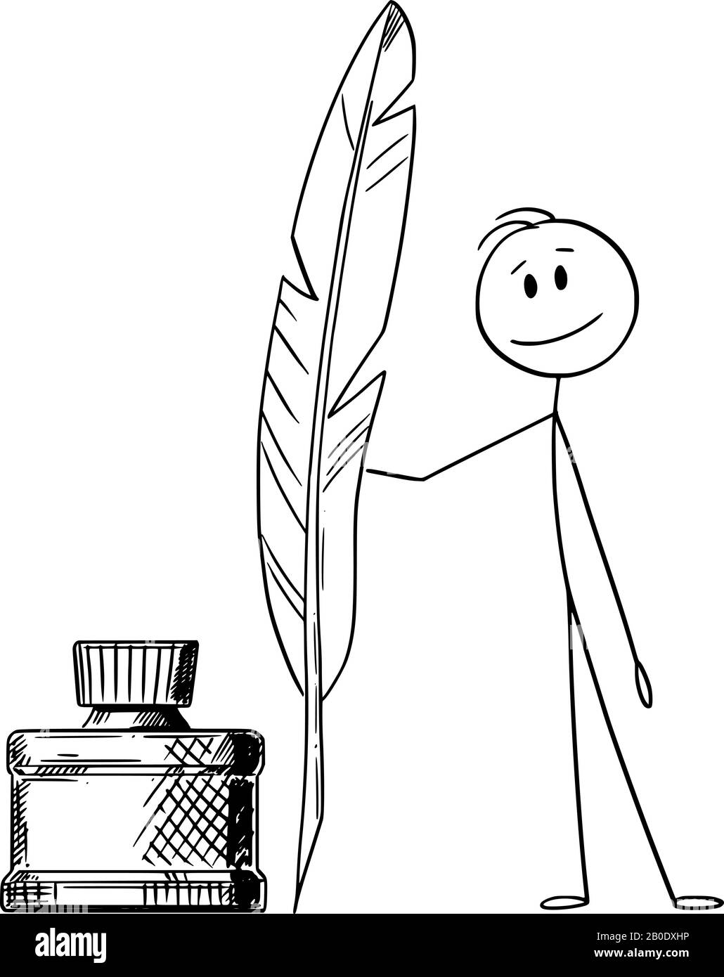 Figura del bastone del cartone animato vettoriale che disegna l'illustrazione concettuale dell'uomo, dello scrittore o del poeta con la penna di quill e la bottiglia dell'inchiostro. Illustrazione Vettoriale