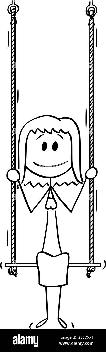 Figura del bastone del cartone animato del vettore che disegna l'illustrazione concettuale di donna o businesswoman seduta sull'oscillazione. Illustrazione Vettoriale