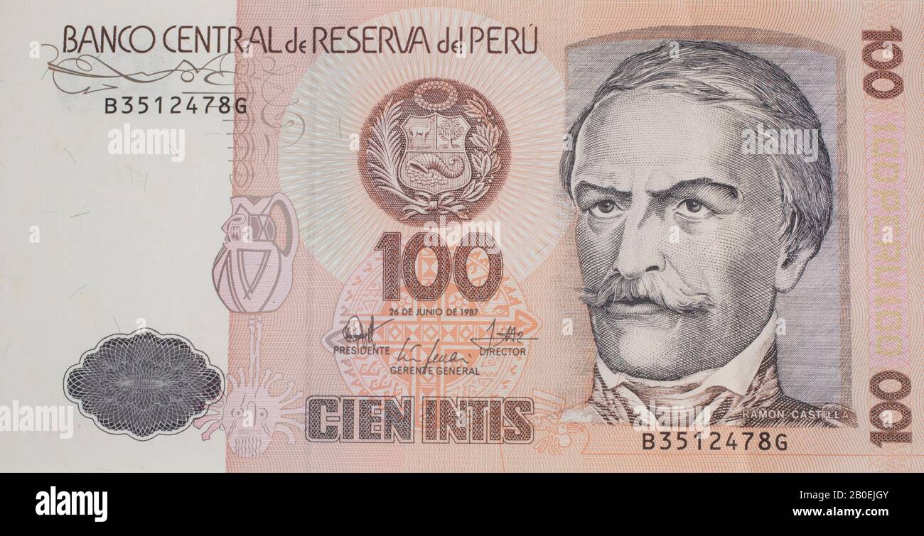 100 Intis nota bancaria dal Perù con Ramon Castilla - Pubblicato nel 1987 Foto Stock