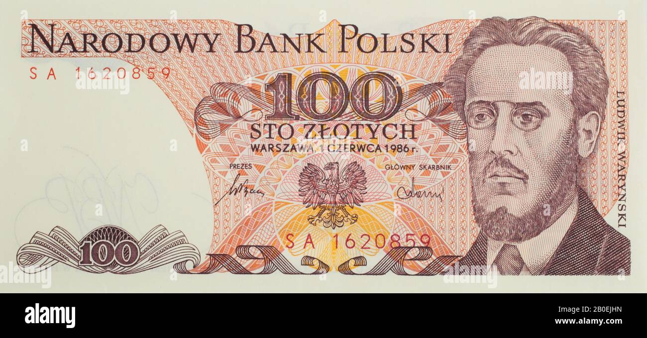 Una vecchia Bank Note polacca degli anni '70 - 100 Zlotych con Ludwik Warynski Foto Stock
