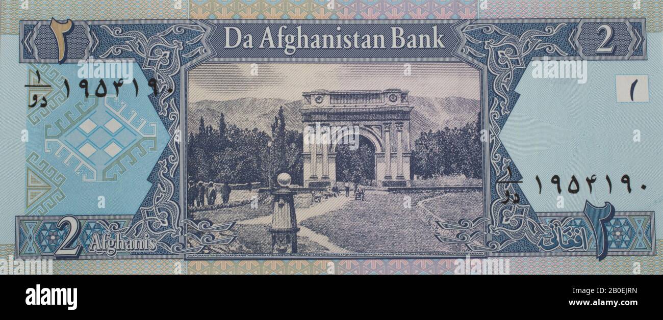 Nota bancaria Afganistan - 2 afgani con i Giardini Paghman Foto Stock