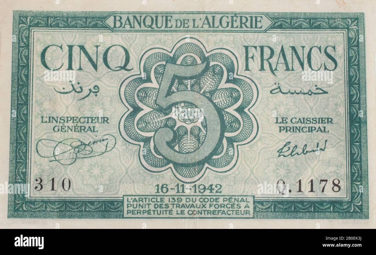 Una vecchia nota bancaria da Algeria - 5 Franchi 1942 Foto Stock