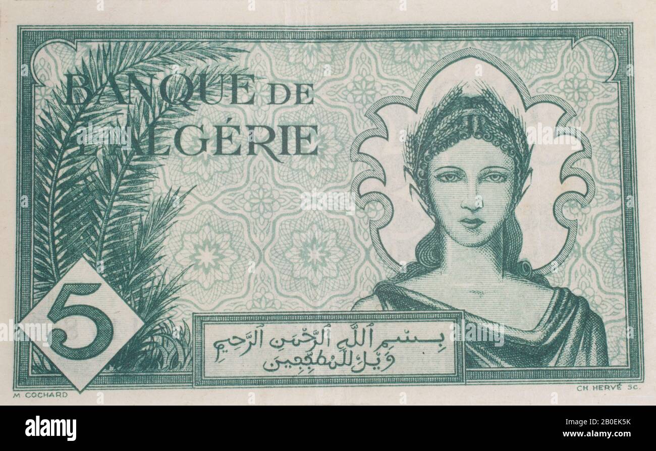 Una vecchia nota bancaria da Algeria - 5 Franchi 1942 Foto Stock