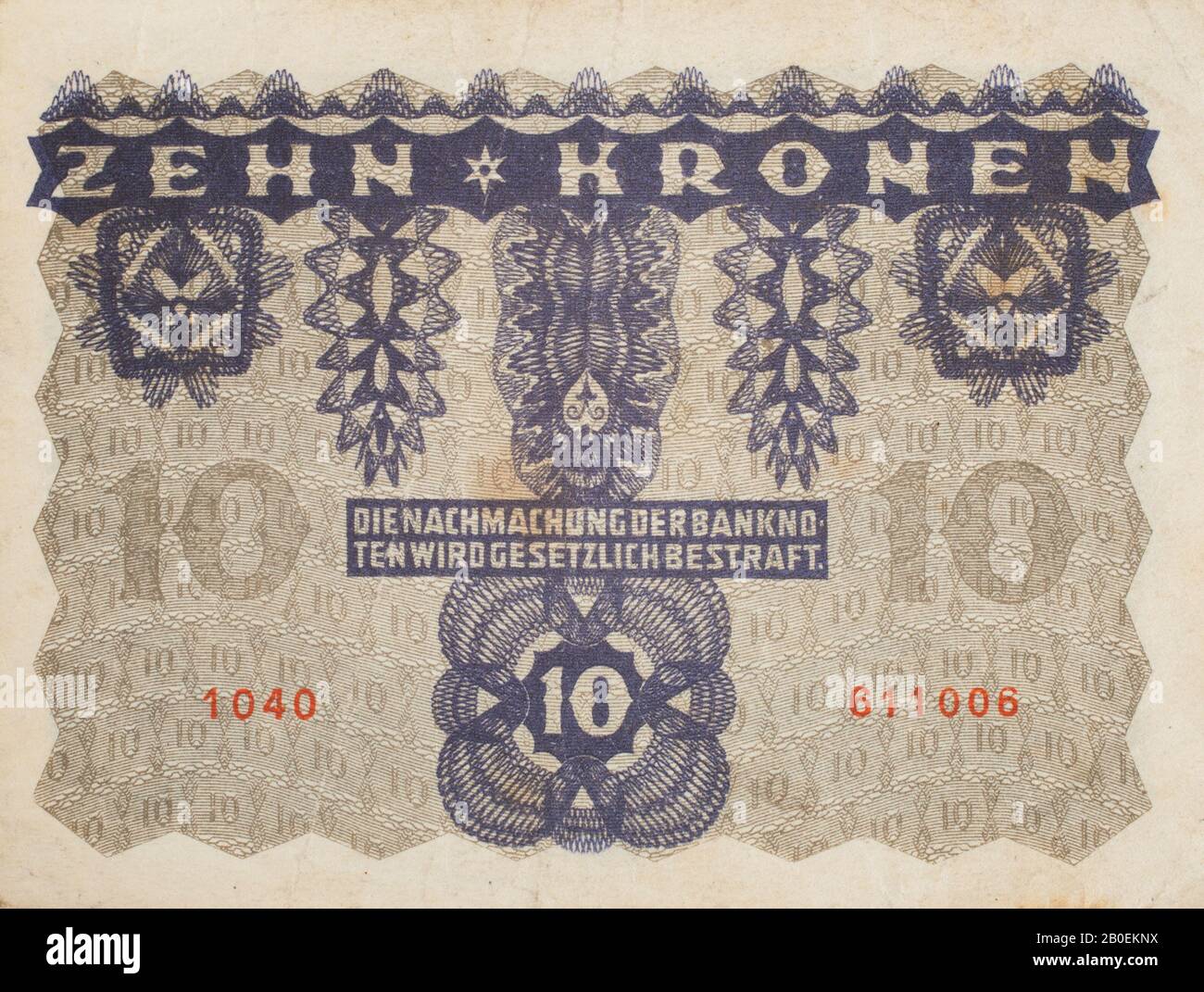 Il retro di una nota bancaria austriaca del 1922, 10 Kronen Foto Stock