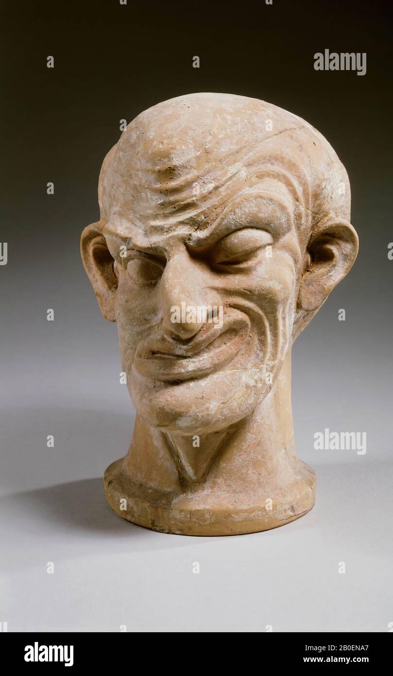 Testa di terracotta di un attore, o di un uomo con una malattia muscolare in faccia., testa, caricatura, deformazione, ceramica, terracotta, 19,1 cm, romana 1-300 ad, Turchia, Turchia Foto Stock