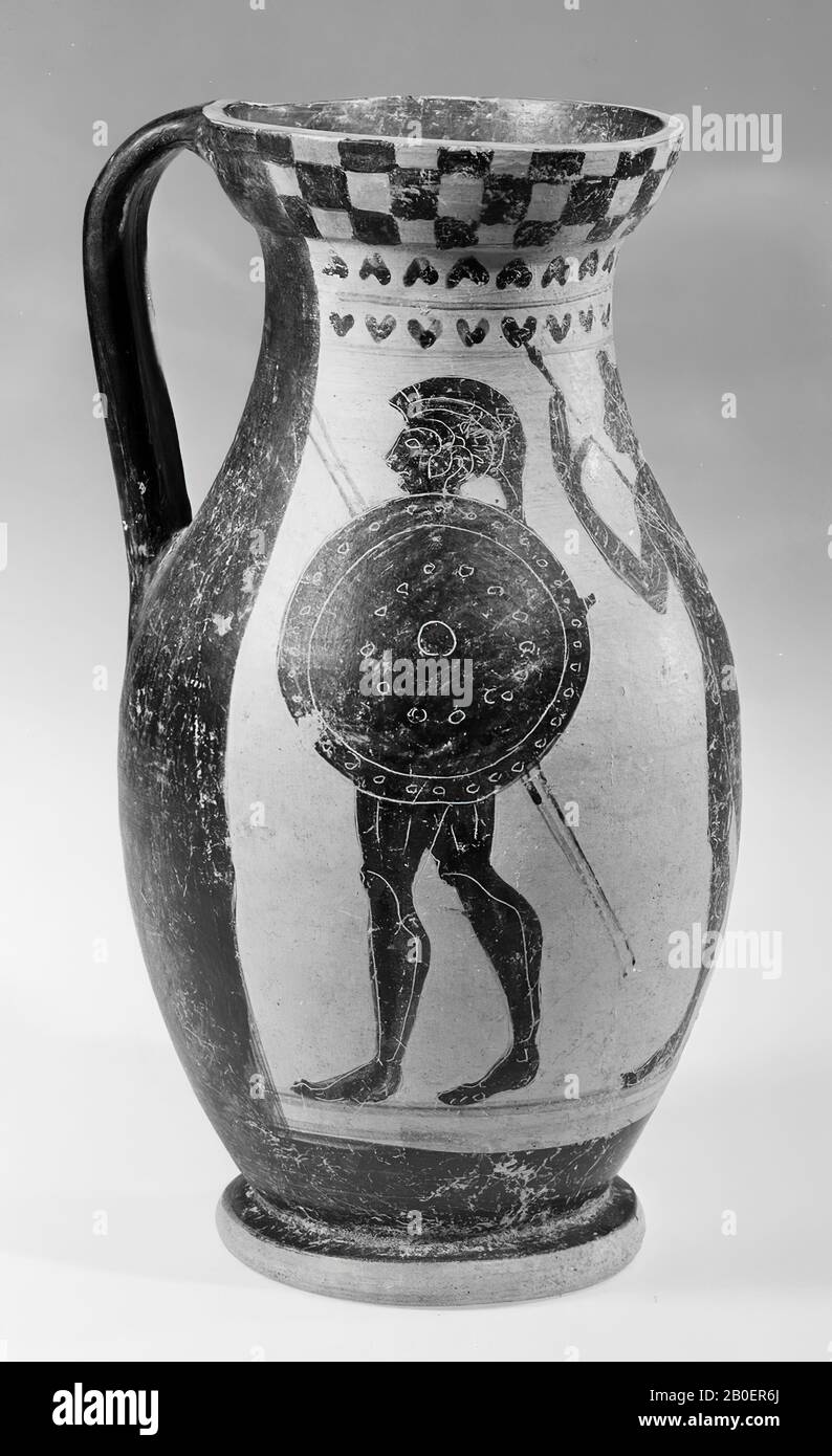 etrusco nero-figurato olpe. Decorazione di 2 guerrieri etruschi Foto Stock