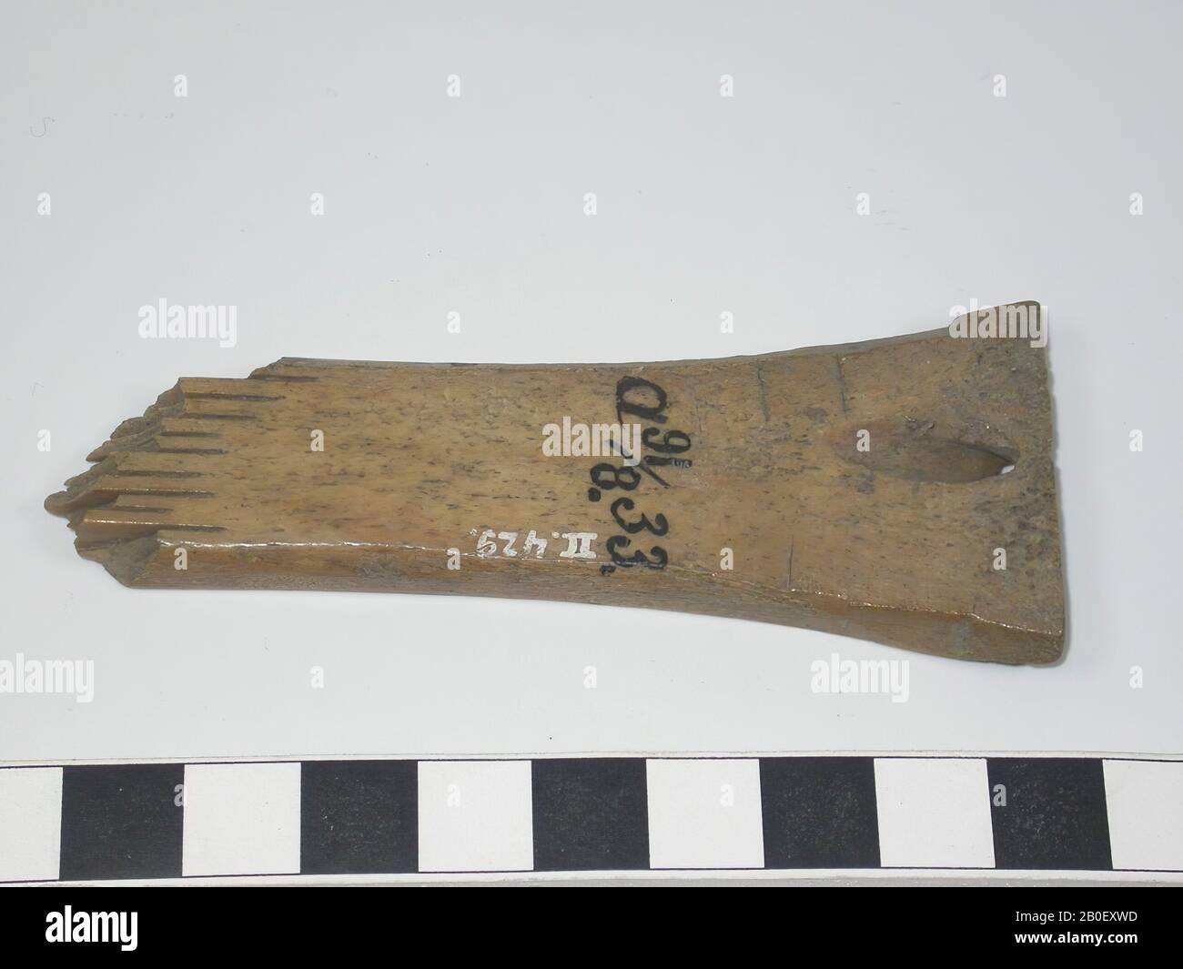 Pettine singolo su un lato. Tipo: Pettine con manico corto e denti lunghi. Decorazione: Non decorata. Forma: Pettine allungato. Il pettine è composto da 1 gamba e non da più strati. La lama dell'impugnatura è angolare. Denti: 10 denti quasi completamente rotti. Numero di denti originale: 10. Vi è un foro nella lama del manico, pettine, organico, osso, l = 9 cm e b = 3,4 cm, Vme Foto Stock