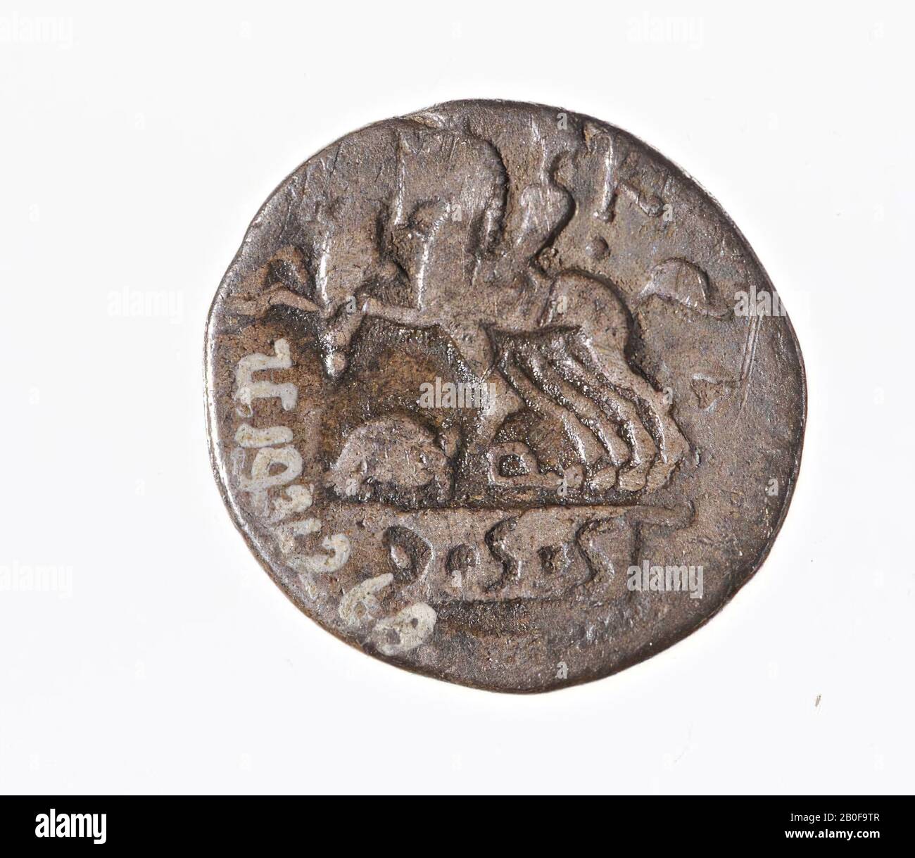 VZ: Herakleskop l., Club, Kz: Desoltor n.l., destra K, sotto i cavalli Q e ratto, su compressa in intusum D.S.S, moneta, denarius, ti. Quincti (li) noi, metallo, argento, diam. 19 mm, peso 3,61 gr, Romano BC 112-111, Paesi Bassi, ignoti, sconosciuti Foto Stock