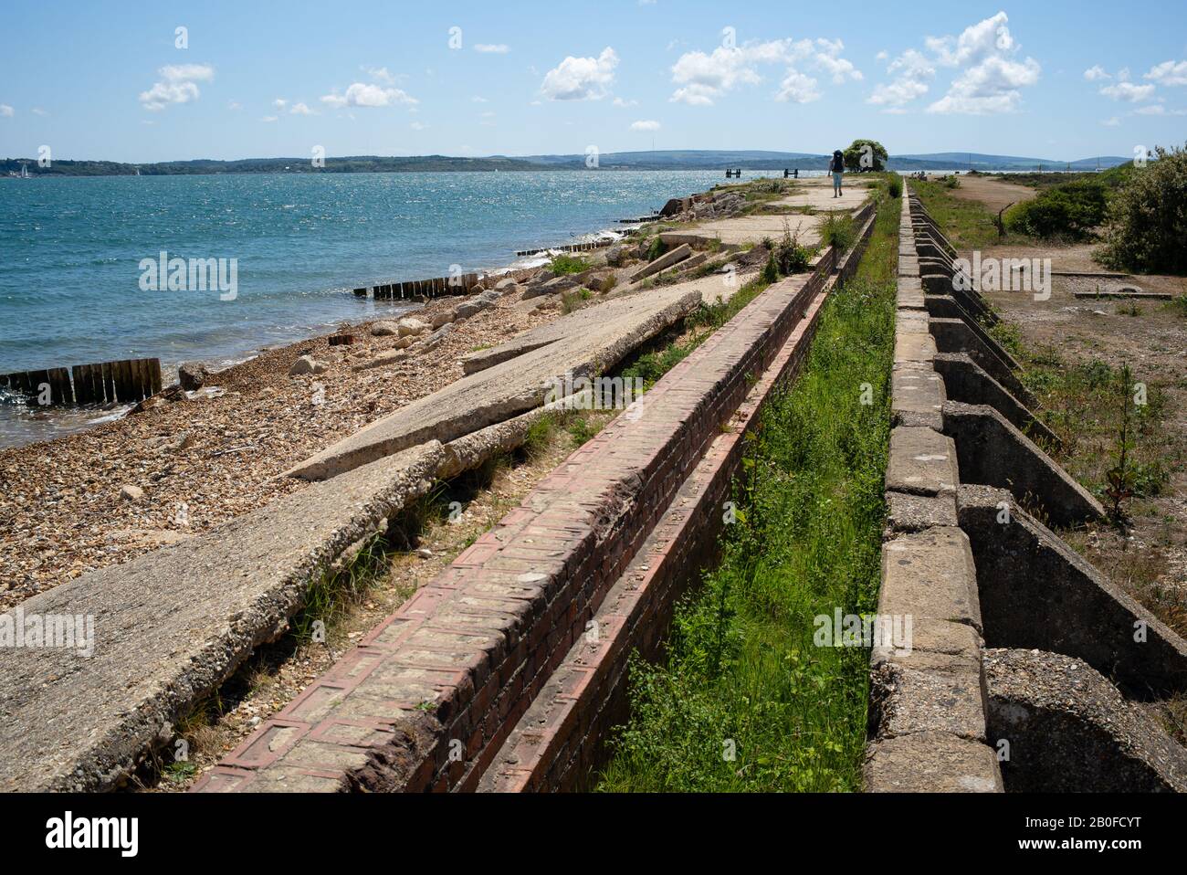 Il sito di costruzione dei porti Mulberry a Lepe Beach Hampshire England.The sito è stato utilizzato per costruire cassoni e per imbarcare soldati per D-Day Foto Stock