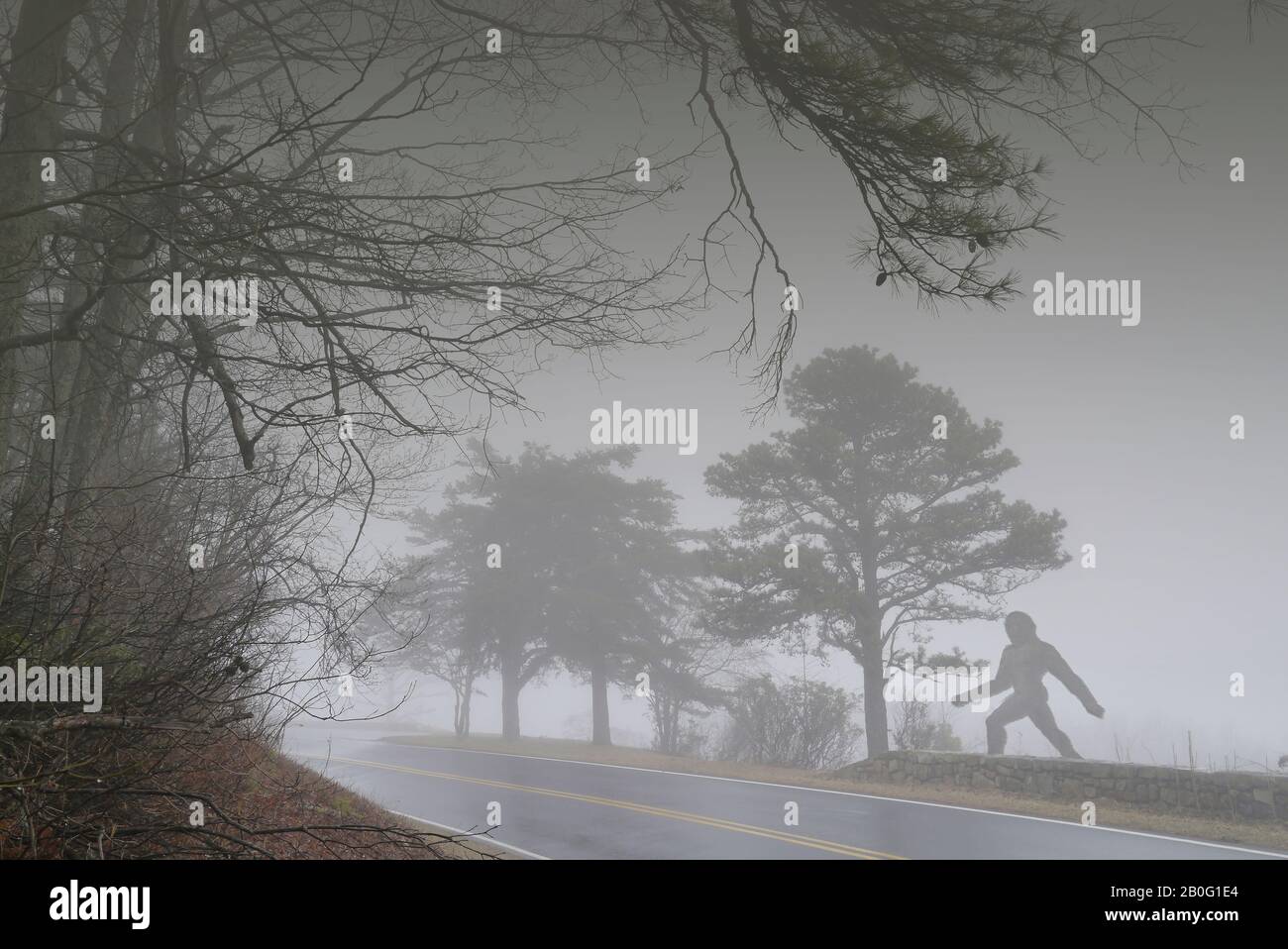 Bigfoot attraversa la strada in nebbia Foto Stock