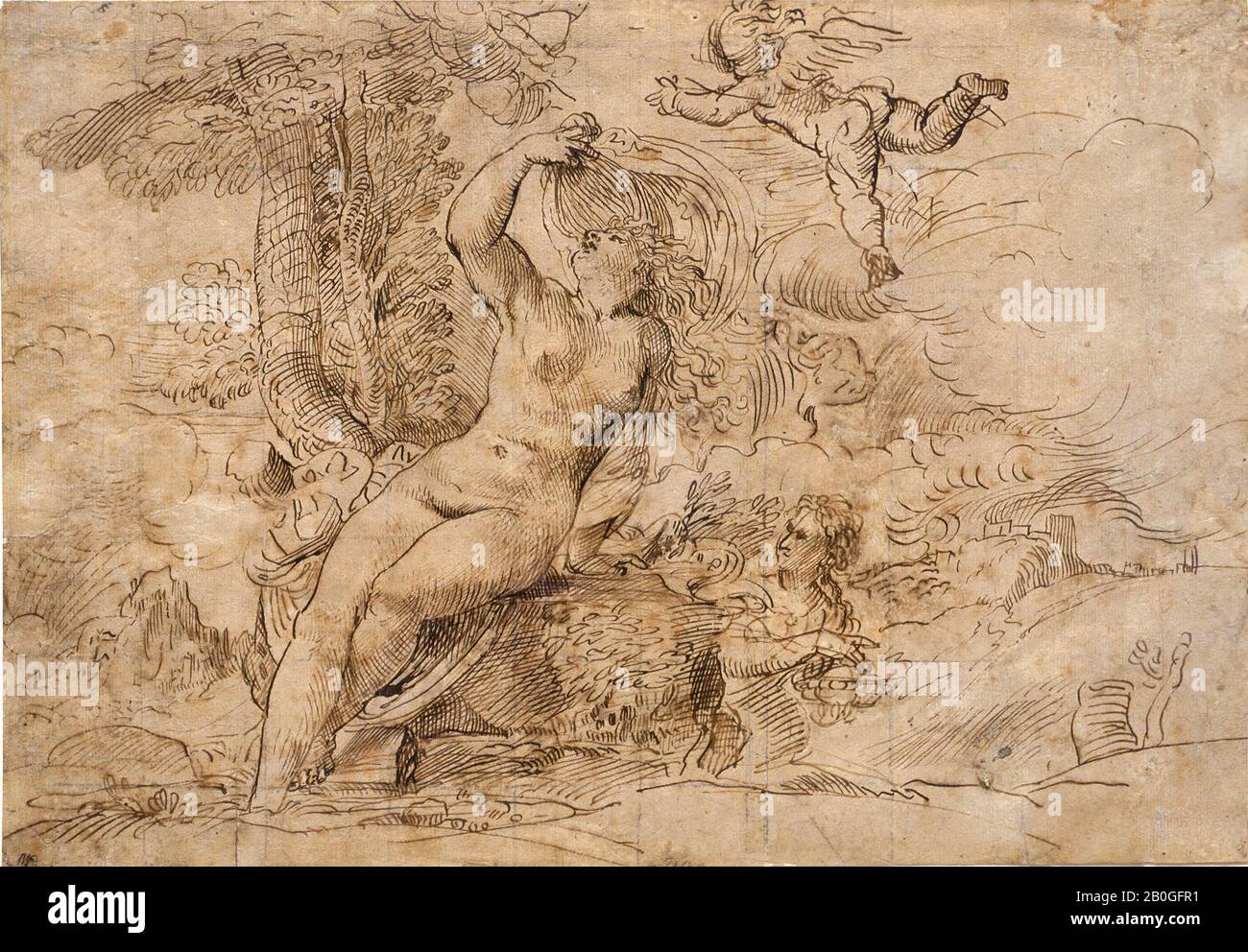 Scuola di Tiziano, Italiano, c. 1488–1576, bagno di Venere, con Cupido e Psiche, c. 1510–20, inchiostro a penna e marrone, quadrato con gesso nero su carta, Totale: 10 9/16 x 15 1/8 in. (26,8 x 38,4 cm Foto Stock