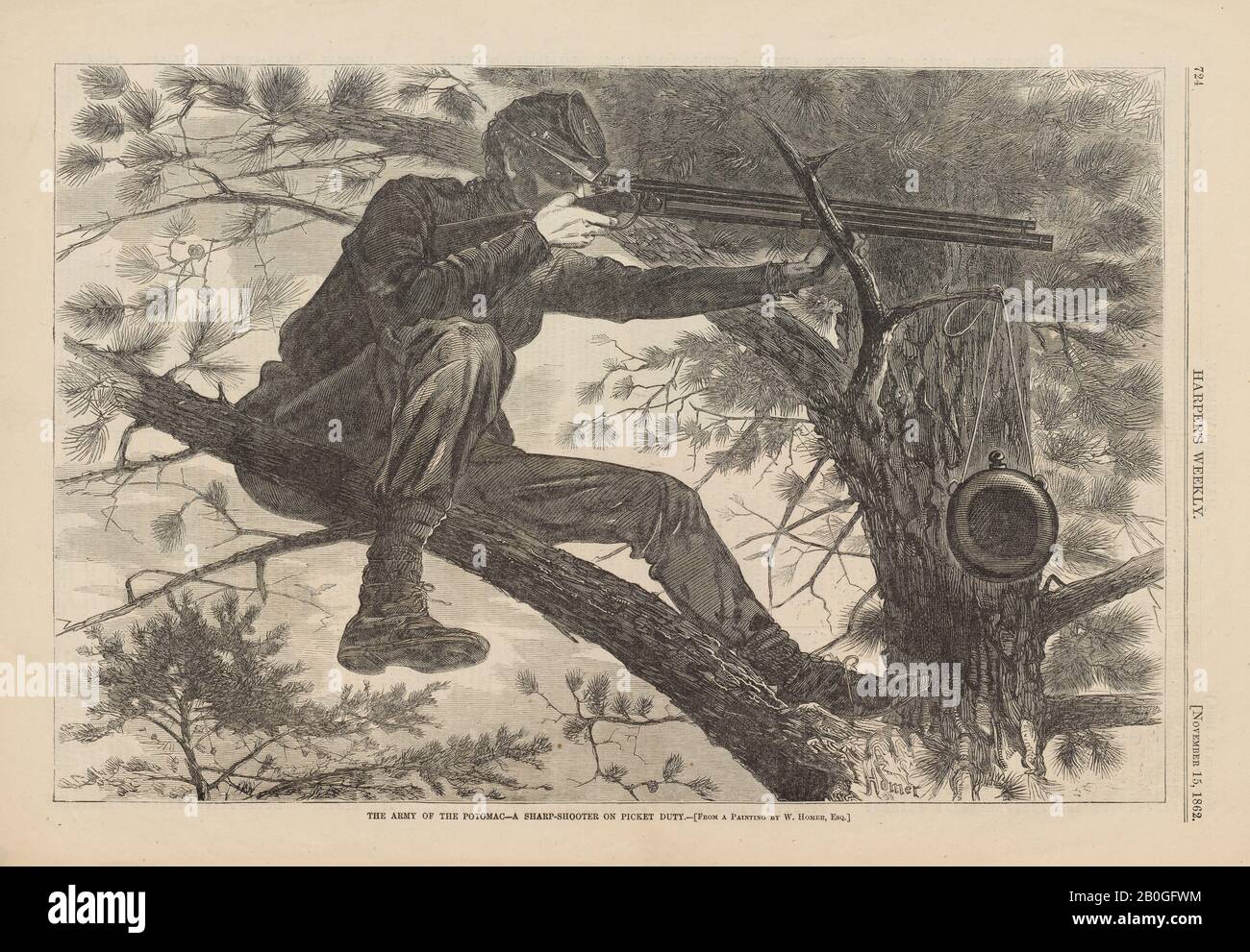 Dopo Winslow Homer, americano, 1836-1910, l'esercito del Potomac - UN Sharp-Shooter su Picket Duty, Da Harper's Weekly, vol. 6, 15 Nov. 1862, incisione del legno su carta da giornale, immagine: 9 1/4 x 13 3/4 in. (23,5 x 35 cm Foto Stock