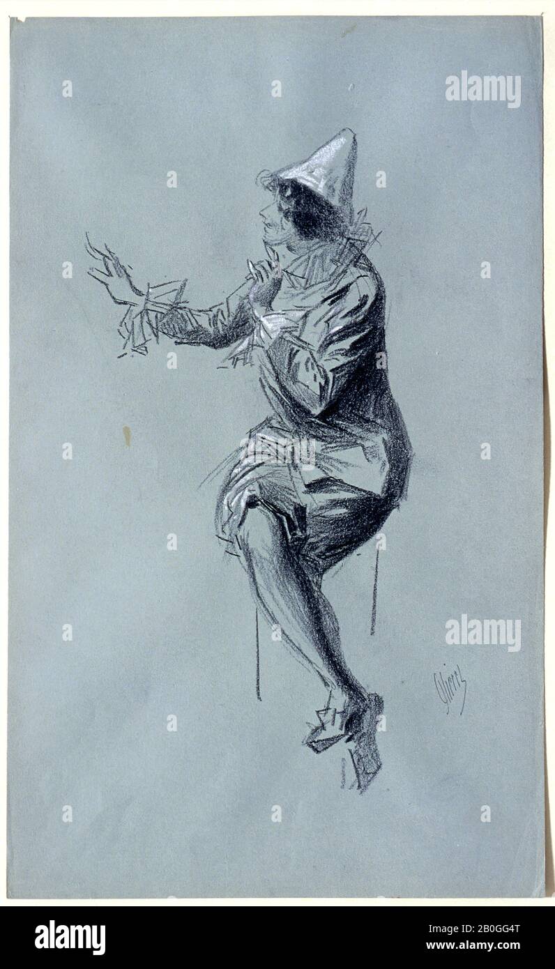 Jules Chéret, Francese, 1836–1932, Femmina Seduto Clown Di Fronte A Sinistra, C. 1900, gesso nero aumentato con bianco su carta blu-grigia, Totale: 16 3/16 x 9 7/8 in. (41,1 x 25,1 cm Foto Stock