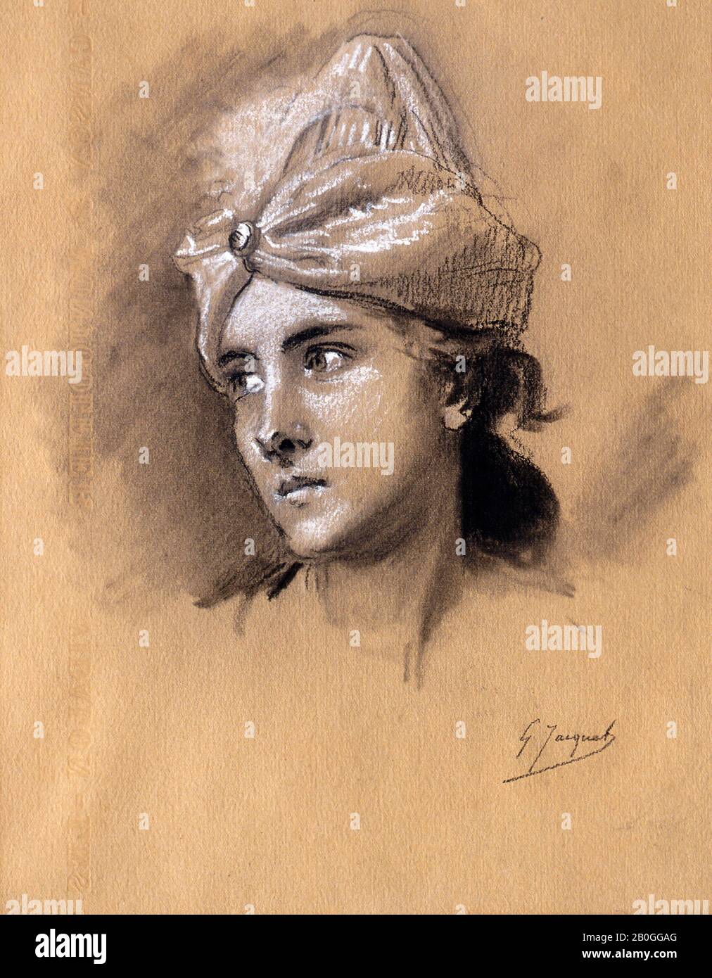 Gustave Jean Jacquet, francese, 1846-1909, Capo di una donna con un cappello A Forma di Turban, 1856-1909, gesso bianco e nero su carta, Totale: 11 1/4 x 8 7/16 in. (28,5 x 21,5 cm Foto Stock