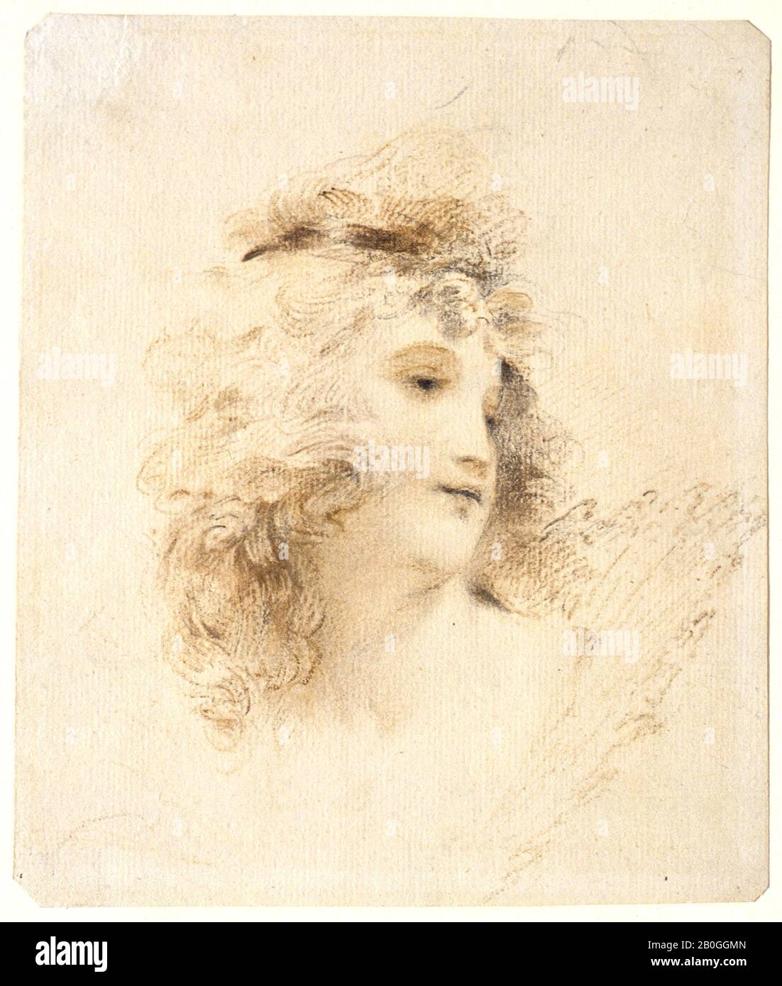 Attribuito a Sir Thomas Lawrence, inglese, 1769–1830, Capo di una giovane Signora (Emma Lady Hamilton), Probabilmente 1792–96, pastello marrone e nero su carta, Nel Complesso: 7 1/4 x 6 1/8 in. (18,4 x 15,6 cm Foto Stock