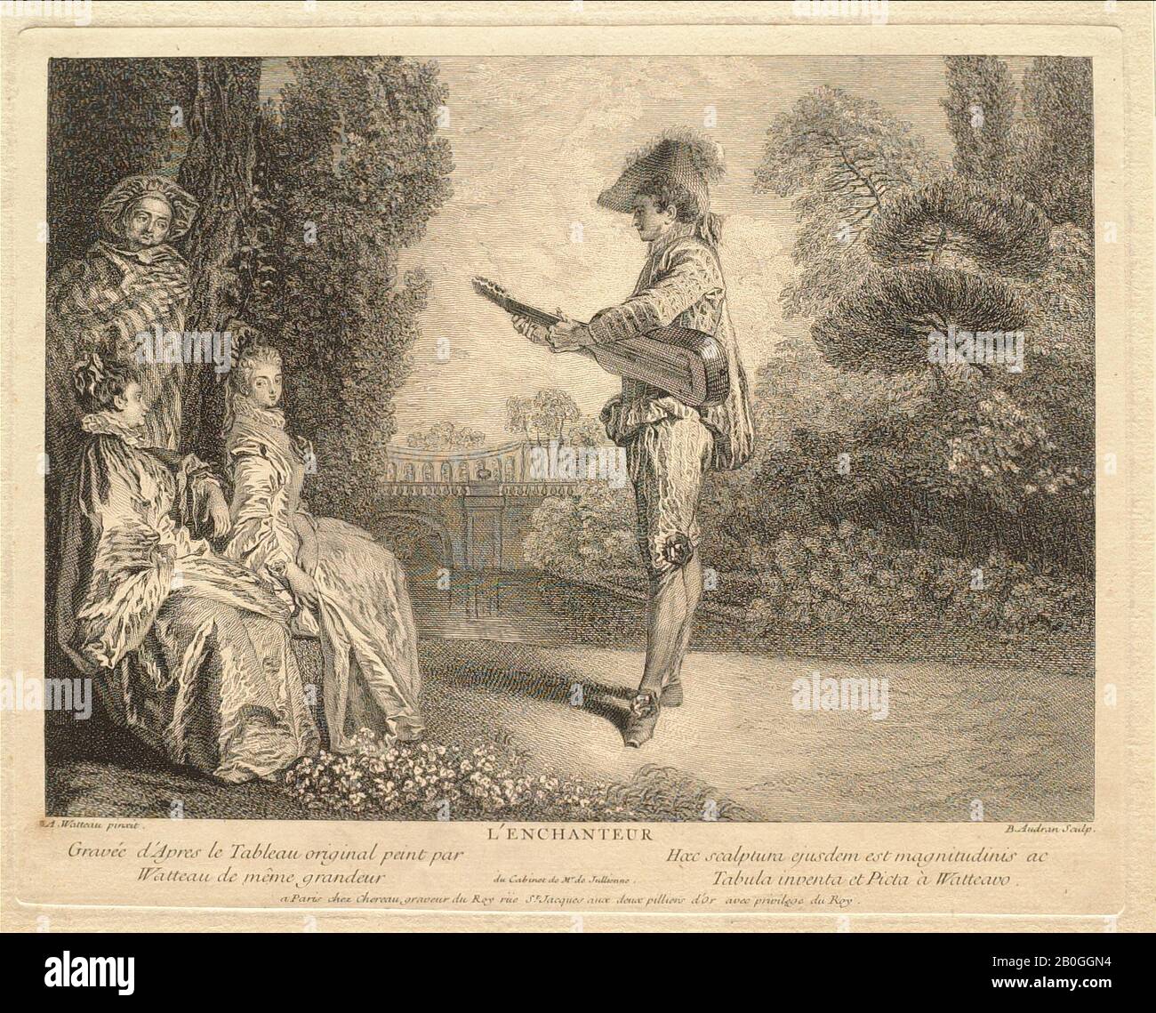 Benoit Aydran II, francese, 1698–1772, Dopo Jean-Antoine Watteau, (francese, 1684–1721), l'Enchanteur, 1727, Incisione su carta stampata, immagine: 7 5/16 x 10 1/16 in. (18,5 x 25,5 cm Foto Stock