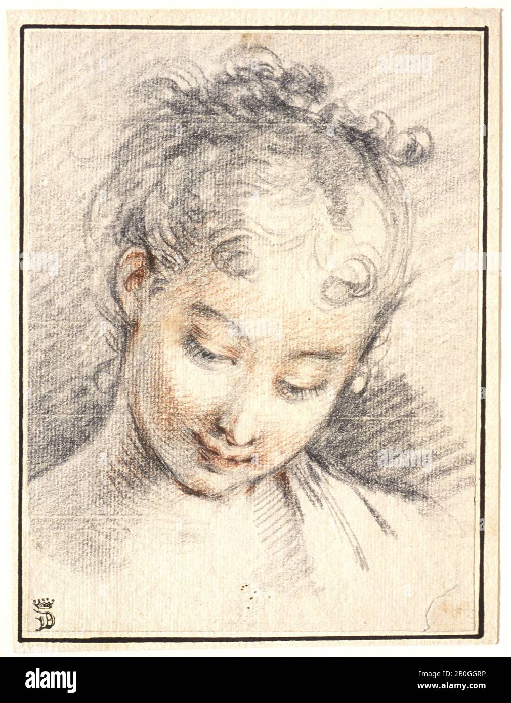 François Boucher, Francese, 1703–1770, Capo di una ragazza, c. 1755, gesso nero e rosso su carta, Totale: 6 7/16 x 4 13/16 in. (16,3 x 12,3 cm Foto Stock