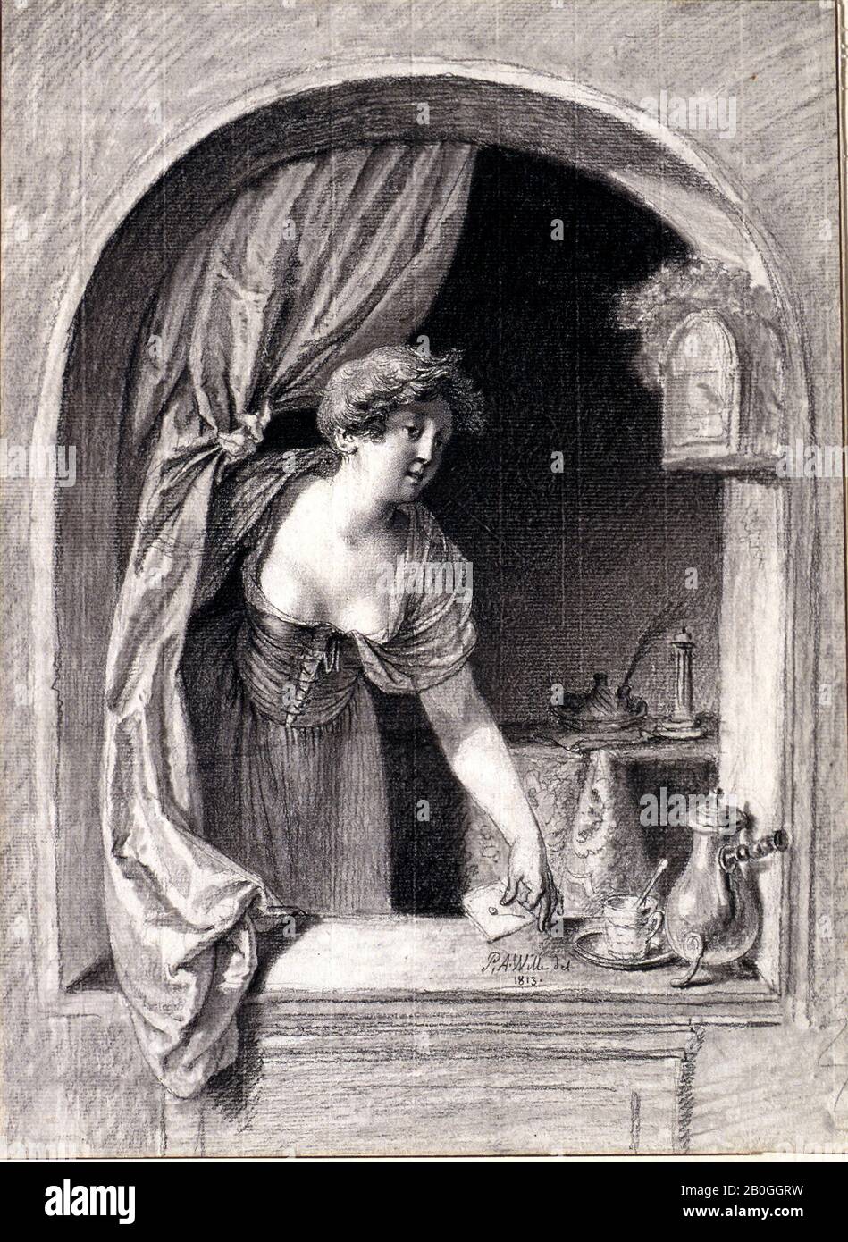 Pierre Alexandre Wille Il Giovane, giovane donna in una finestra, 1813, gesso nero su carta, Nel Complesso: 14 11/16 x 10 3/4 in. (37,3 x 27,3 cm Foto Stock