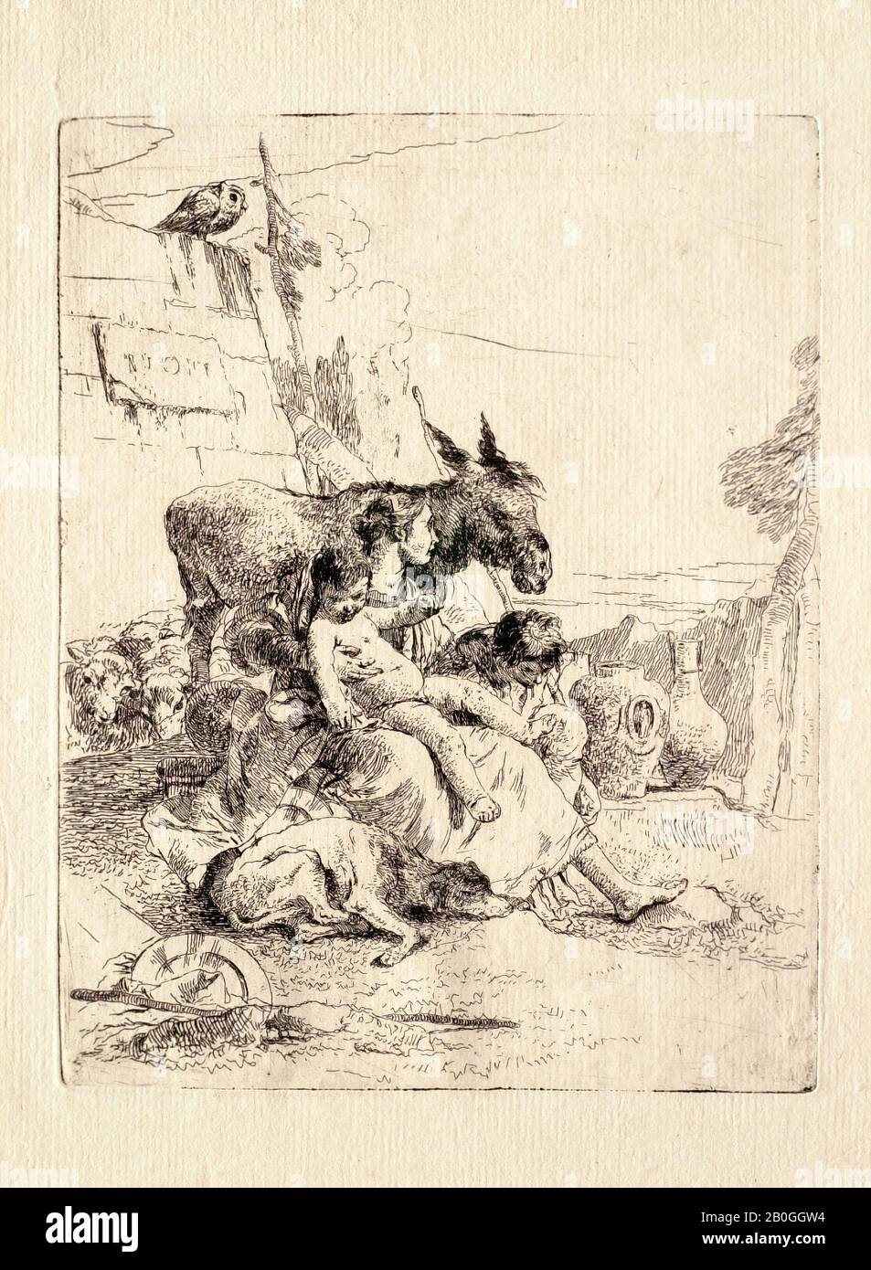 Giovanni Battista Tiepolo, italiano, 1696–1770, Madre con Due figli, 1716–1770, Incisione su carta, Totale: 8 7/8 x 6 15/16 in. (22,5 x 17,6 cm Foto Stock