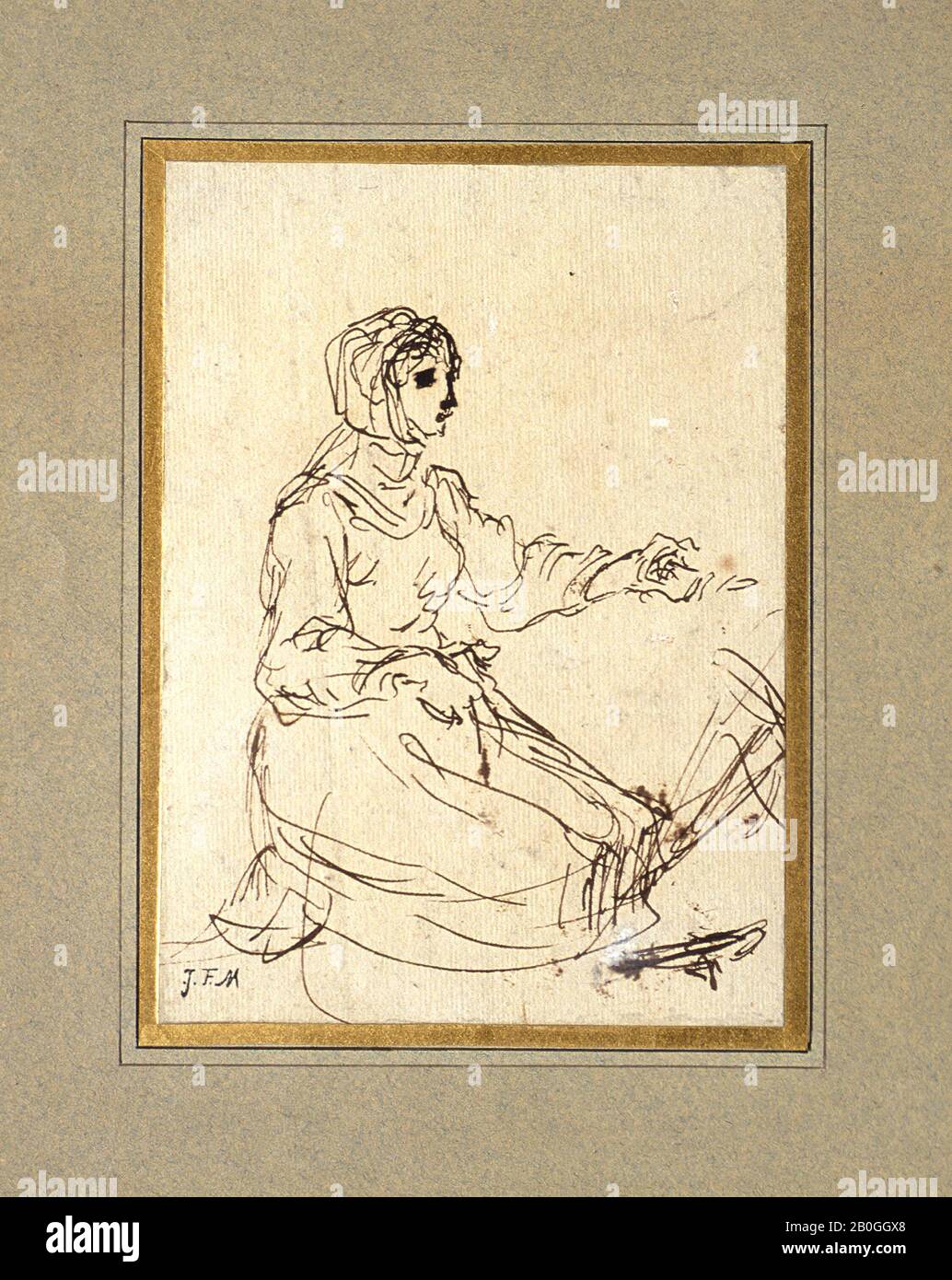 Jean-François Millet, francese, 1814–1875, Studio di una donna Inginocchiata, 1848–4975, penna e inchiostro marrone su carta, Totale: 6 7/16 x 4 3/4 in. (16,4 x 12 cm Foto Stock