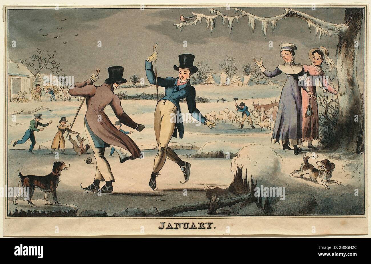 Sconosciuto, Gennaio, c. 1820, colore acquatinta su carta, Totale: 7 1/8 x 11 5/16 in. (18,1 x 28,7 cm Foto Stock