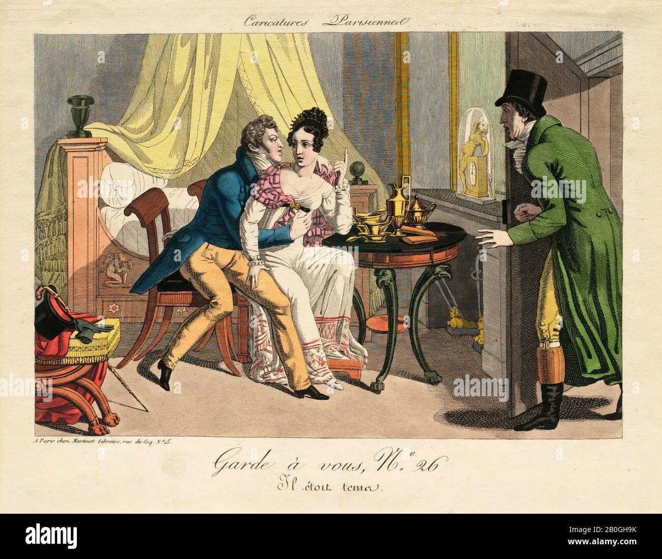 Sconosciuto, Caricature Parisiennes: Garde à vous n° 26: Il étoit temer, 1700-1899, incisione A Mano su carta, Totale: 7 7/8 x 11 7/16 in. (20 x 29,1 cm Foto Stock