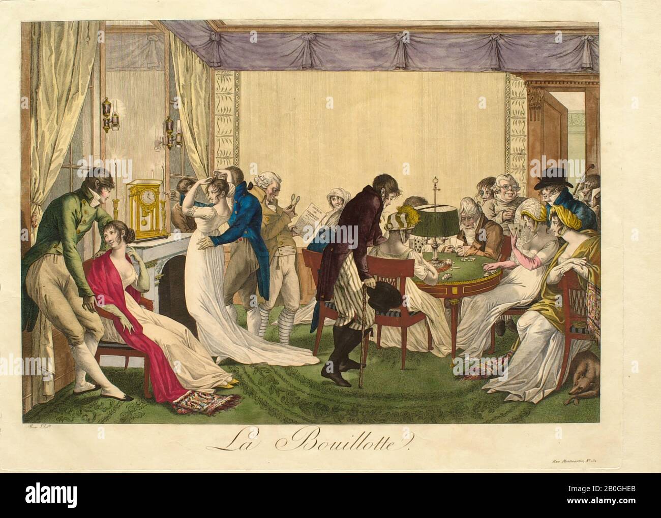 Sconosciuto, Dopo Jean François Bosio, (francese, 1764–1827), la Bouillotte, 1804, Incisione colorata a mano o 'à la poppée' su carta, immagine: 12 1/2 x 17 15/16 in. (31,7 x 45,5 cm Foto Stock