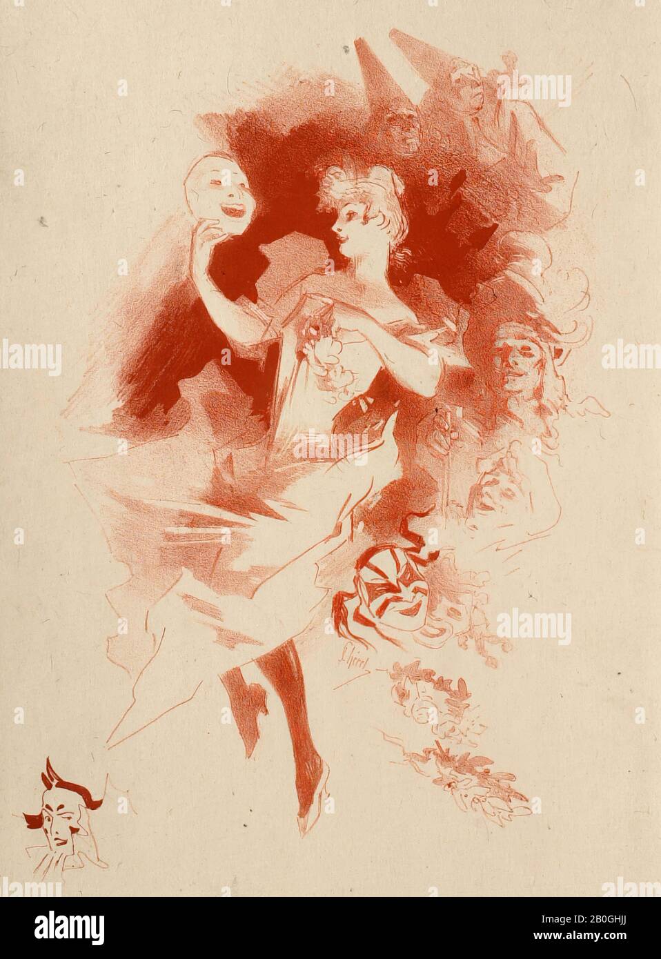 Jules Chéret, Francese, 1836-1932, Signora con maschera, 1836-1932, Lithograph in sanguine su carta, immagine: 11 5/8 x 8 11/16 in. (29,5 x 22 cm Foto Stock