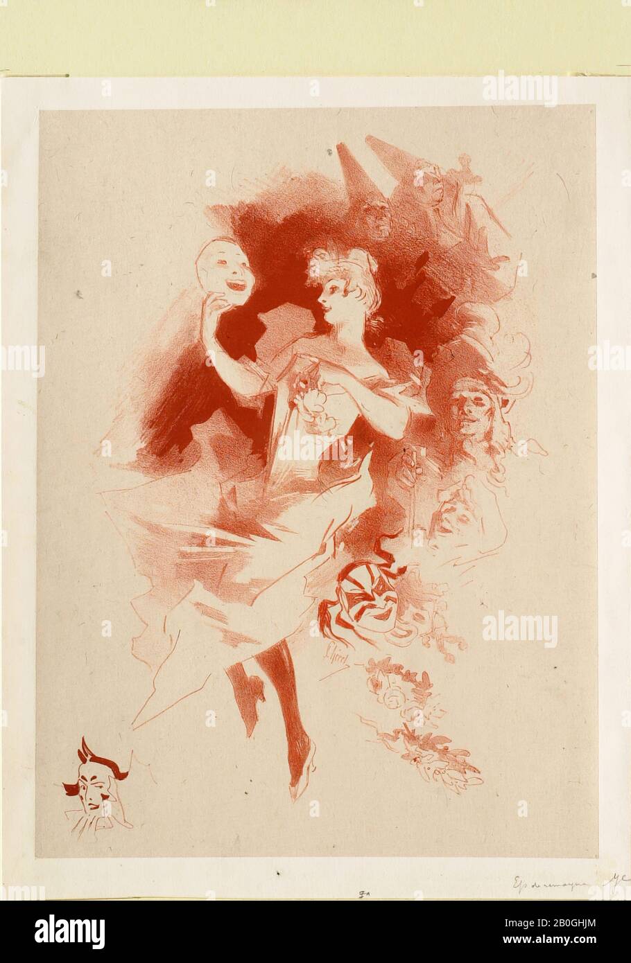 Jules Chéret, Francese, 1836–1932, Signora con maschera, 1836–1932, Lithograph in sanguine su carta, immagine: 11 5/8 x 8 11/16 in. (29,5 x 22 cm Foto Stock
