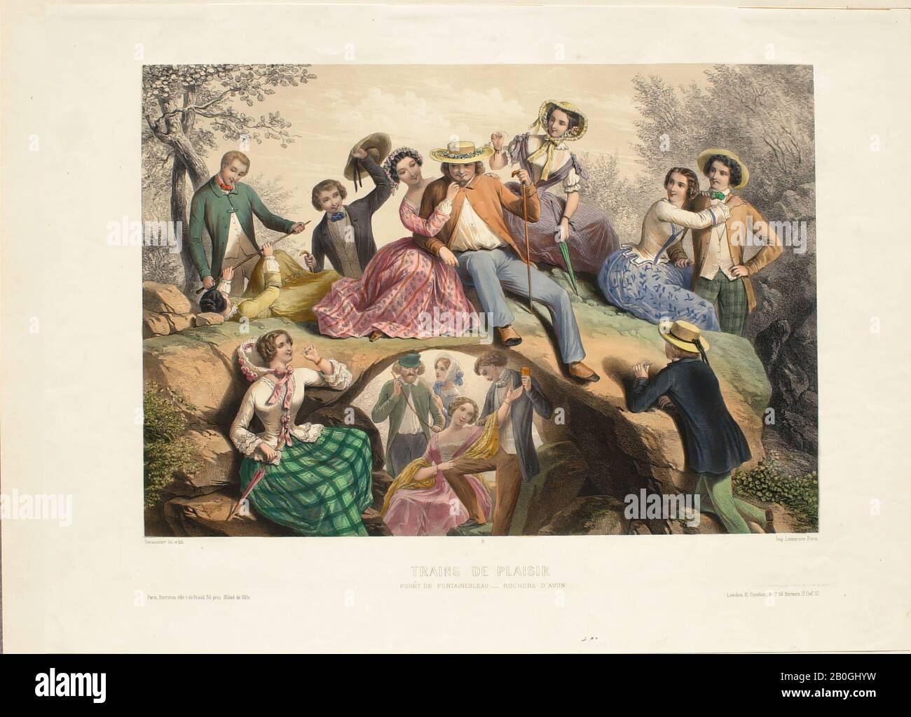 Derancourt, francese, 19th secolo, Treni de plaisir n. 9: Forêt de Fontainebleau-Rochers d'Avon, 19th secolo, cromolithograph colorato a mano su carta wove, immagine: 12 5/8 x 18 1/16 in. (32,1 x 45,9 cm Foto Stock