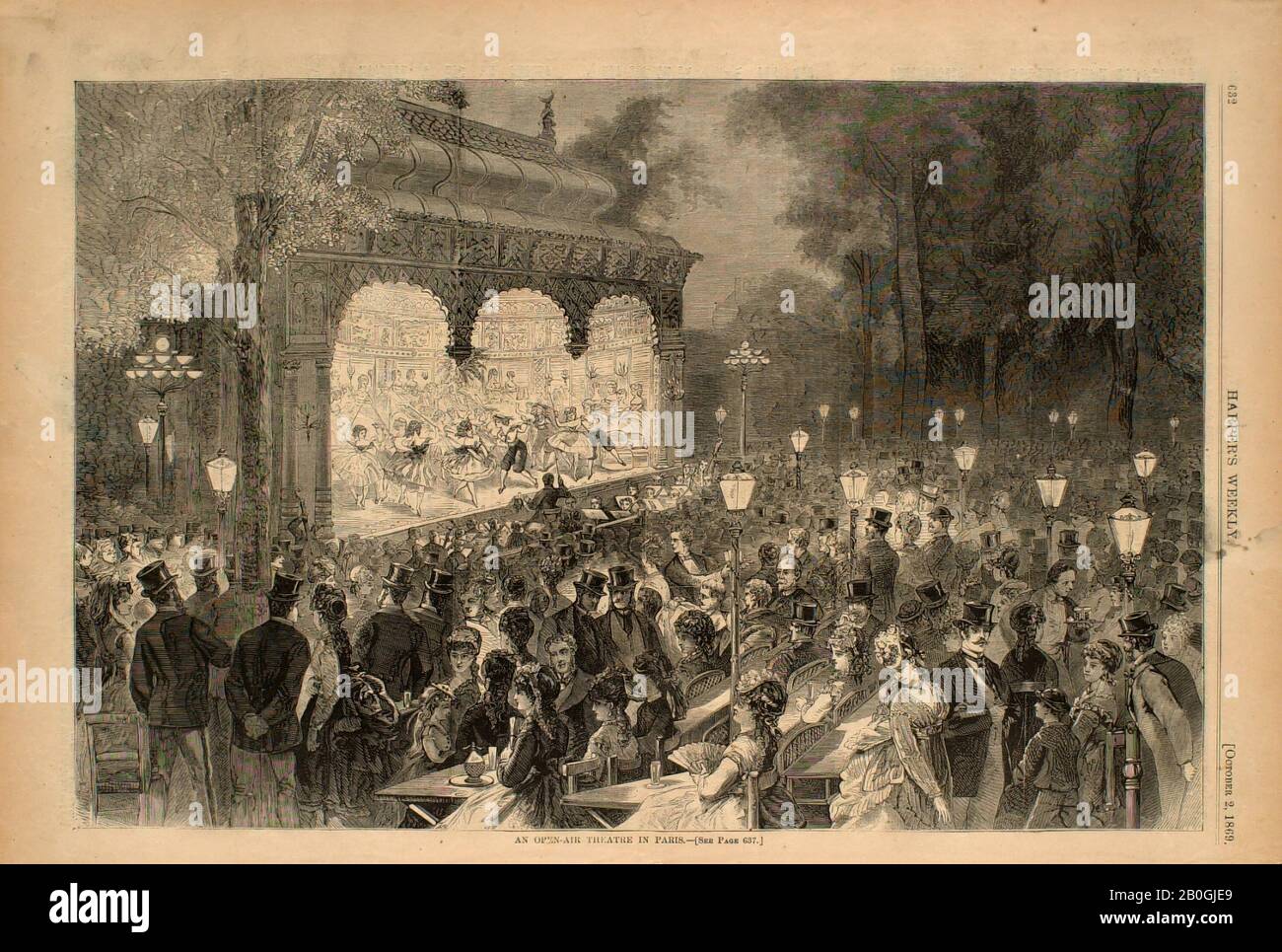 Sconosciuto, un teatro all'aperto a Parigi, Da Harper's Weekly, 1869, incisione su carta, immagine: 9 3/16 x 13 7/8 in. (23,3 x 35,3 cm Foto Stock