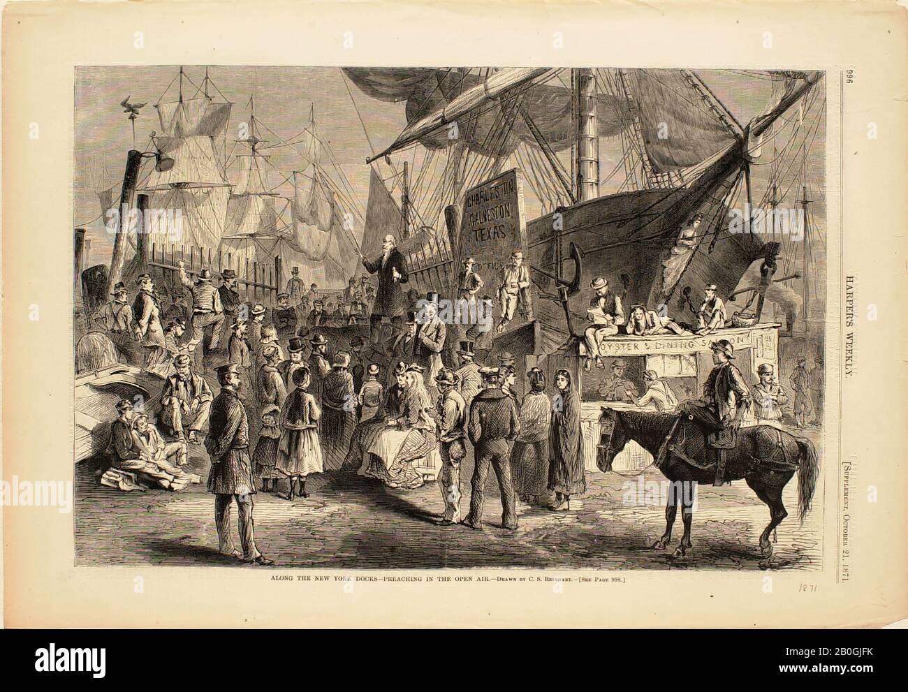 Charles Stanley Reinhart, americano, 1844–1896, Lungo i Docks di New York, Predicando in The Open Air, 1871, incisione su carta, immagine: 13 11/16 in. (34,8 cm Foto Stock