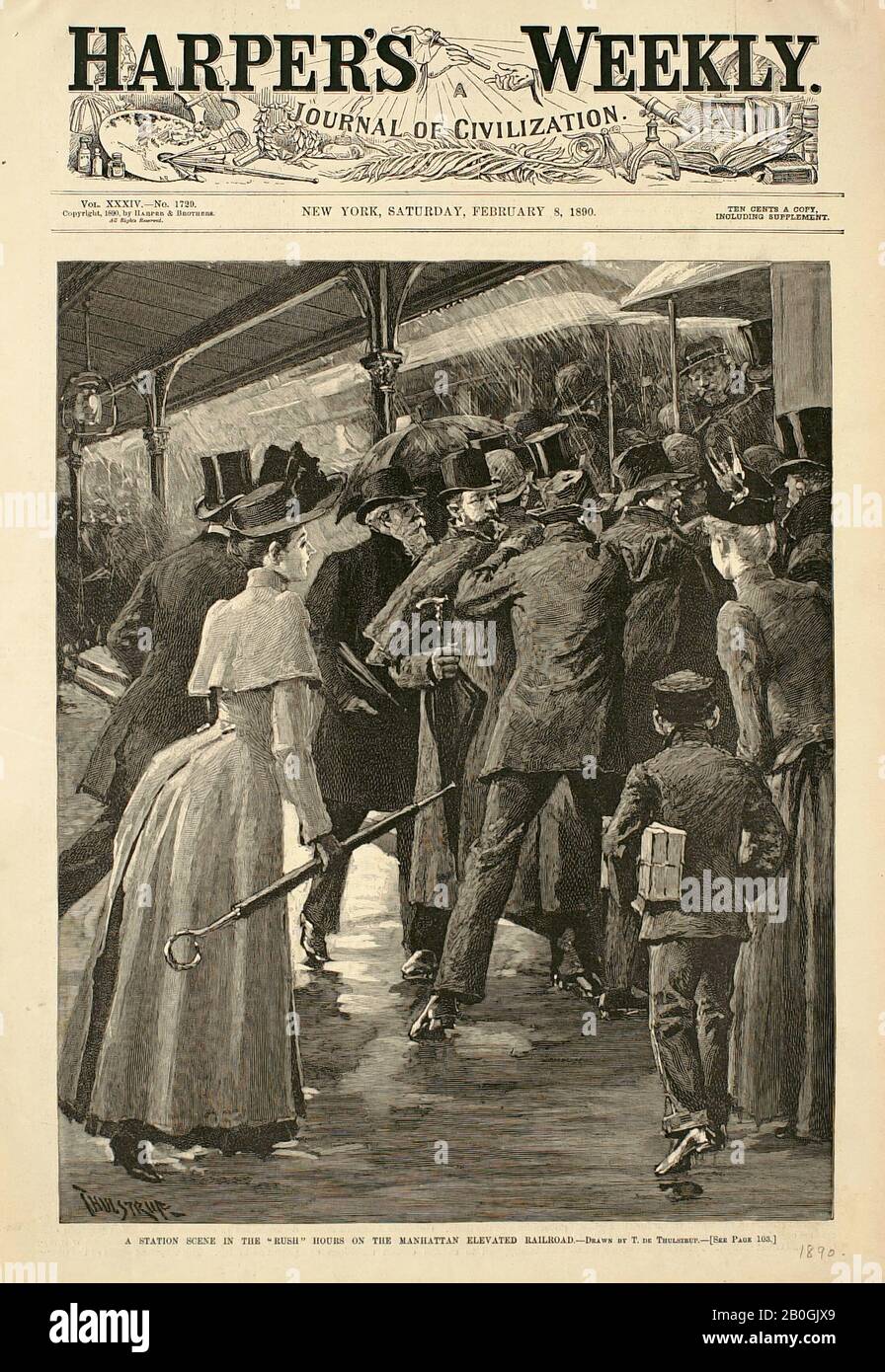 Thure Thulstrup, americano, 1848–1930, una scena della stazione nelle Ore 'Rush' sulla Manhattan Elevated Railroad, 1890, incisione del legno su carta, immagine: 11 5/16 x 9 1/8 in. (28,8 x 23,2 cm Foto Stock