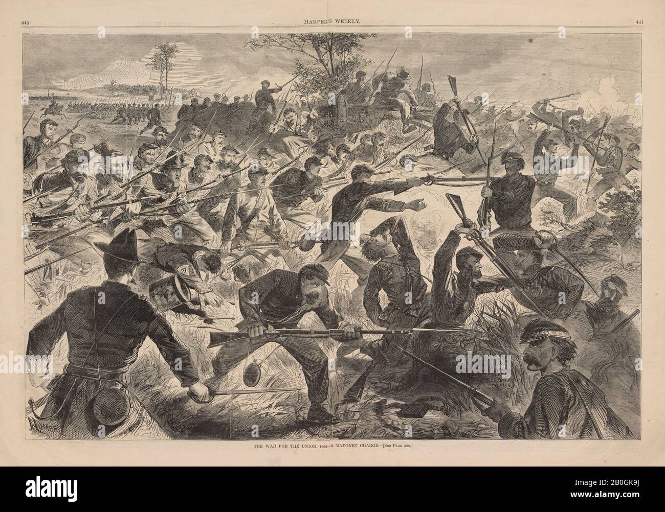 Dopo Winslow Homer, americano, 1836-1910, la guerra per l'Unione, 1862 - Una Carica di Bayonet, Da Harper's Weekly, vol. 6, 12 luglio 1862, incisione di legno su carta da giornale, immagine: 13 9/16 x 20 9/16 in. (34,5 x 52,2 cm Foto Stock