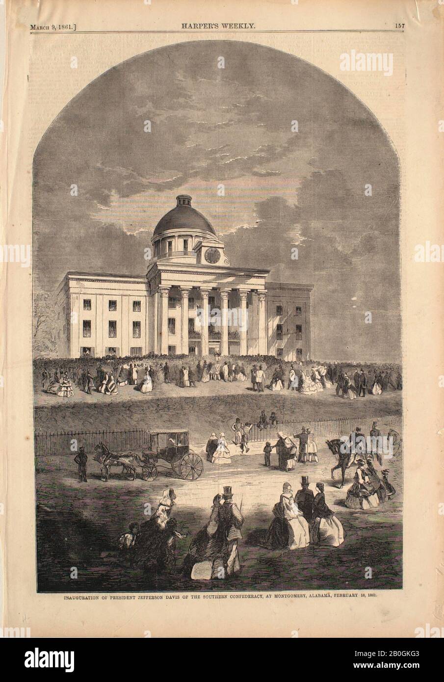Unknown, Inaugurazione del Pres.Jefferson Davis della Confederazione Meridionale, a Montgomery, Alabama, 1861, incisione del legno su carta, immagine: 13 7/8 x 9 1/8 in. (35,3 x 23,2 cm Foto Stock