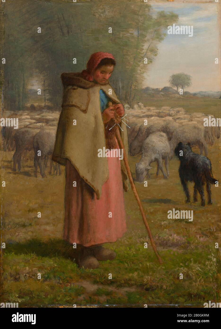 Jean-François Millet, Francese, 1814–1875, Giovane Ragazza Che Le Guitera Le Pecore, C. 1860–62, olio sul pannello, 15 x 10 13/16 in. (38,1 x 27,5 cm Foto Stock