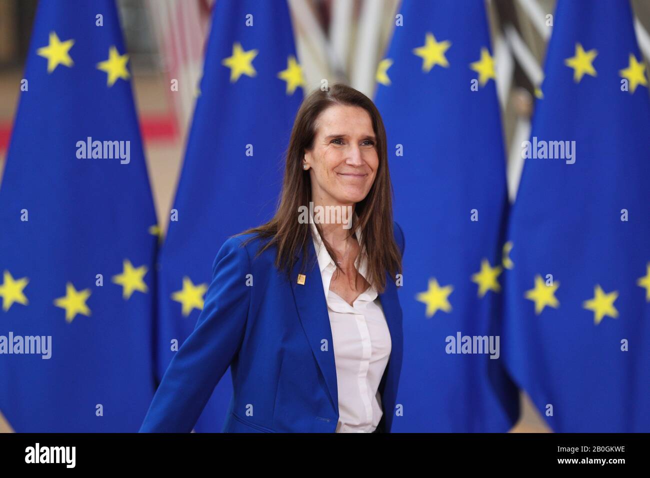 Bruxelles, Belgio. 20th Feb, 2020. Il primo ministro belga Sophie Wilmes si riunisce in una riunione speciale del Consiglio europeo presso la sede dell'UE a Bruxelles, Belgio, 20 febbraio 2020. I leader intendono concordare il bilancio a lungo termine dell'UE per il 2021-2027, il quadro finanziario pluriennale (QFP). Credito: Zheng Huansong/Xinhua/Alamy Live News Foto Stock