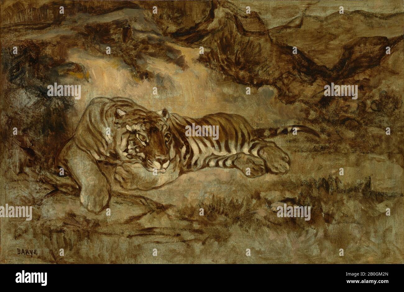 Antoine-Louis Barye, Francese, 1795-1875, Tiger At Rest, C. 1850–70, olio e carbone su carta, montato su tela, 12 3/16 x 18 1/4 in. (31 x 46,5 cm Foto Stock