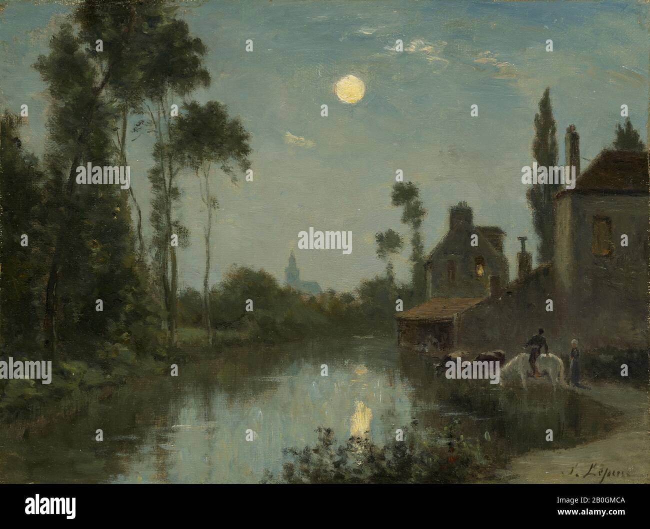 Stanislas Lépine, Francese, 1835–1892, Fiume Moonlit, C. 1866–70, olio su tela, 9 11/16 x 12 7/8 in. (24,6 x 32,7 cm Foto Stock