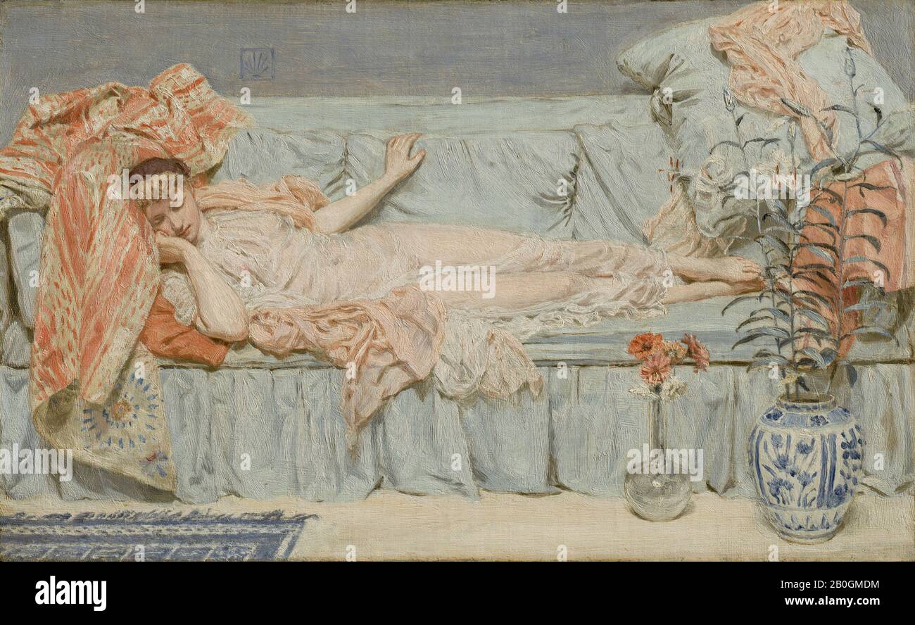 Albert Joseph Moore, inglese, 1841–1893, Lilies, 1866, olio su tela, 11 11/16 x 18 7/8 in. (29,7 x 47,9 cm Foto Stock