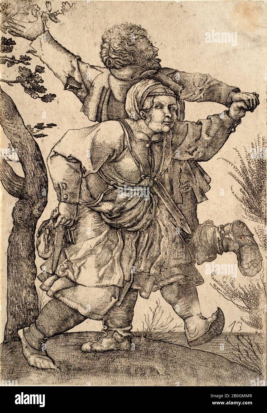Hieronymus Hopfer, tedesco, attivo c. 1520–1530, Dopo Albrecht Dürer, (tedesco, 1471–1528), Peasant Couple Dancing, 1520–1550, Incisione su carta posata, immagine: 8 7/8 x 6 3/16 in. (22,6 x 15,7 cm Foto Stock
