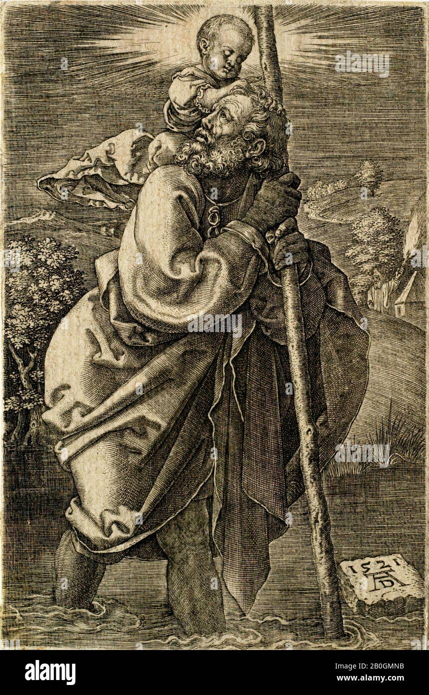 Dopo Albrecht Dürer, tedesco, 1471–1528, San Cristoforo Di Fronte a sinistra, 1514, incisione su carta, immagine: 4 9/16 x 2 7/8 in. (11,6 x 7,3 cm Foto Stock