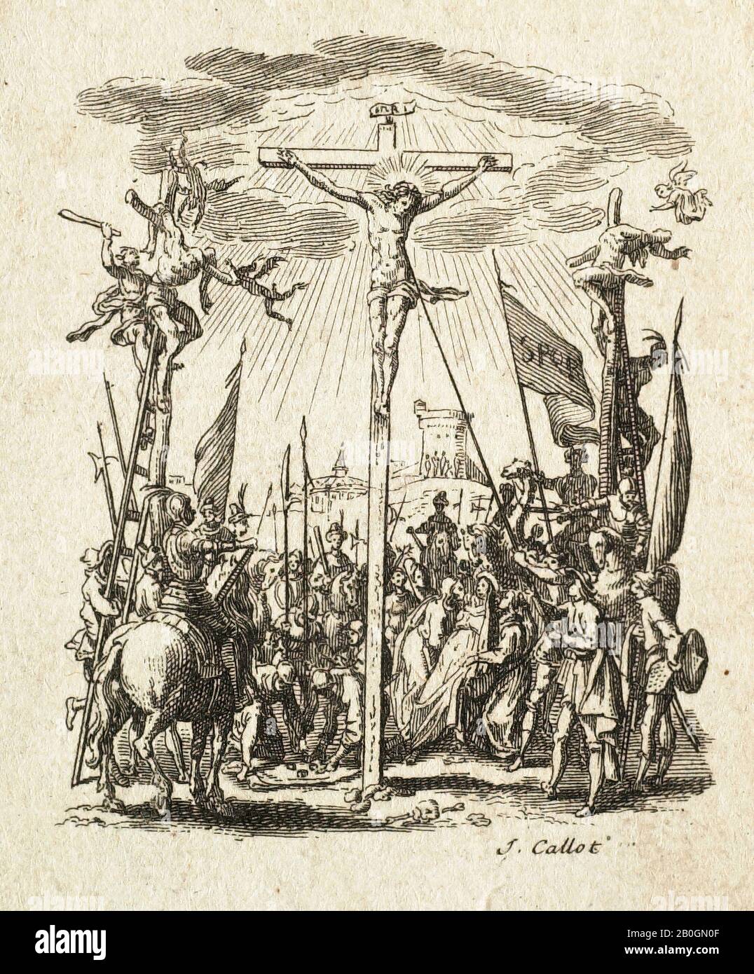 Dopo Jacques Callot, francese, 1592–1635, Crocifissione, Cristo Trafitto da una lancia, Incisione su carta posata, foglio: 3 1/8 x 2 1/2 in. (7,9 x 6,3 cm Foto Stock